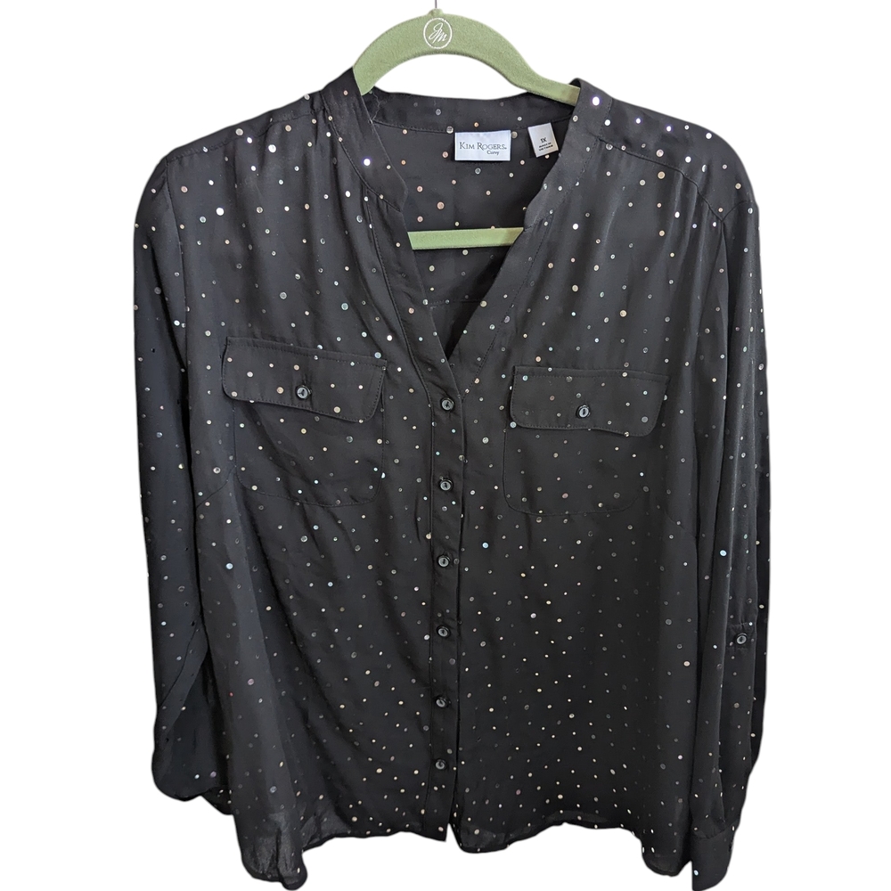 Kim Rogers Dark Gray Blouse with Colorful Dots